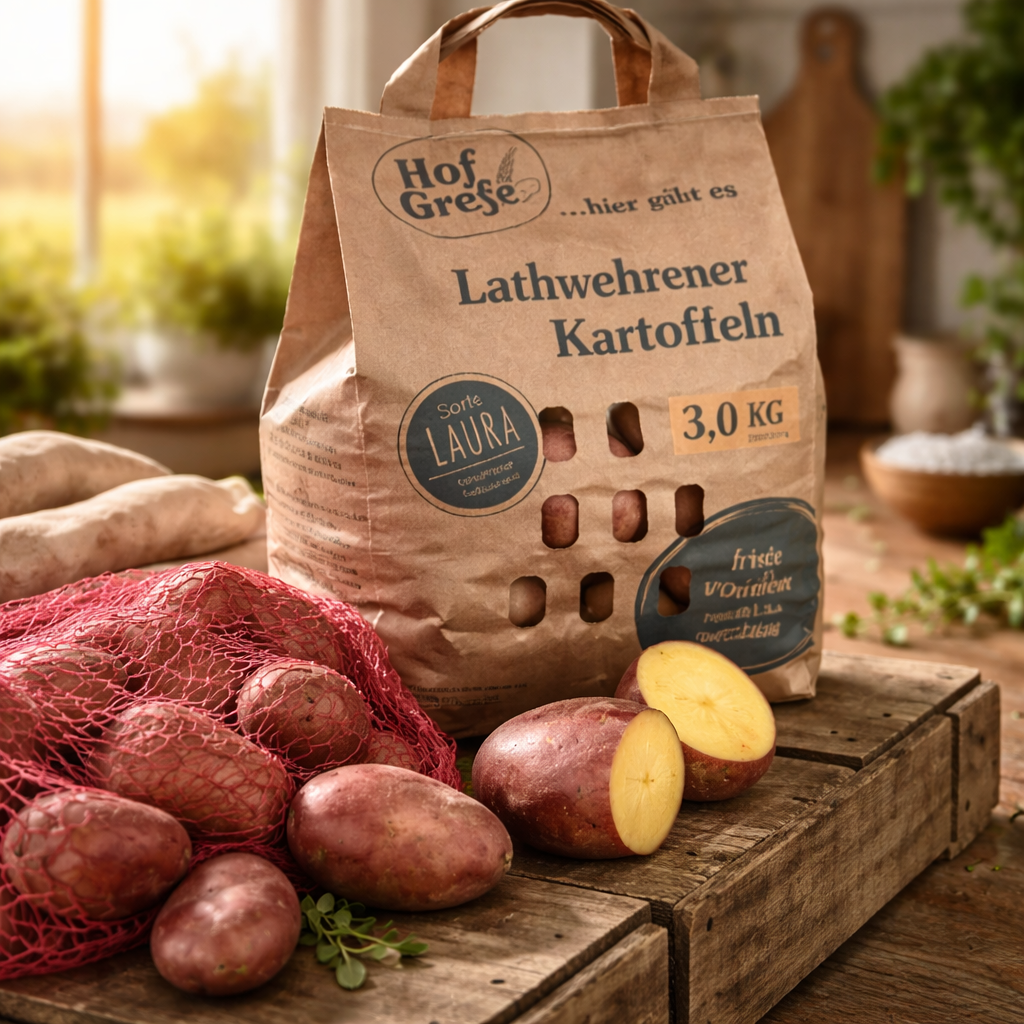 Laura Speisekartoffeln vom Hof Grefe, rote Schale und tiefgelbes Fleisch
